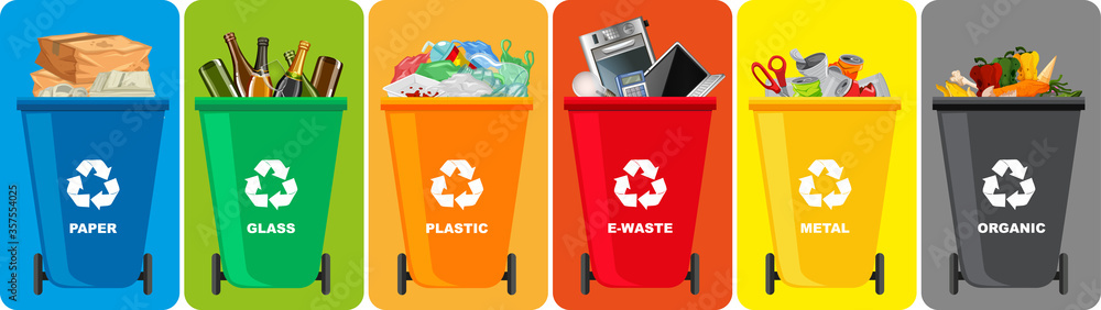 Colorful recycle bins with recycle symbol isolated on color background