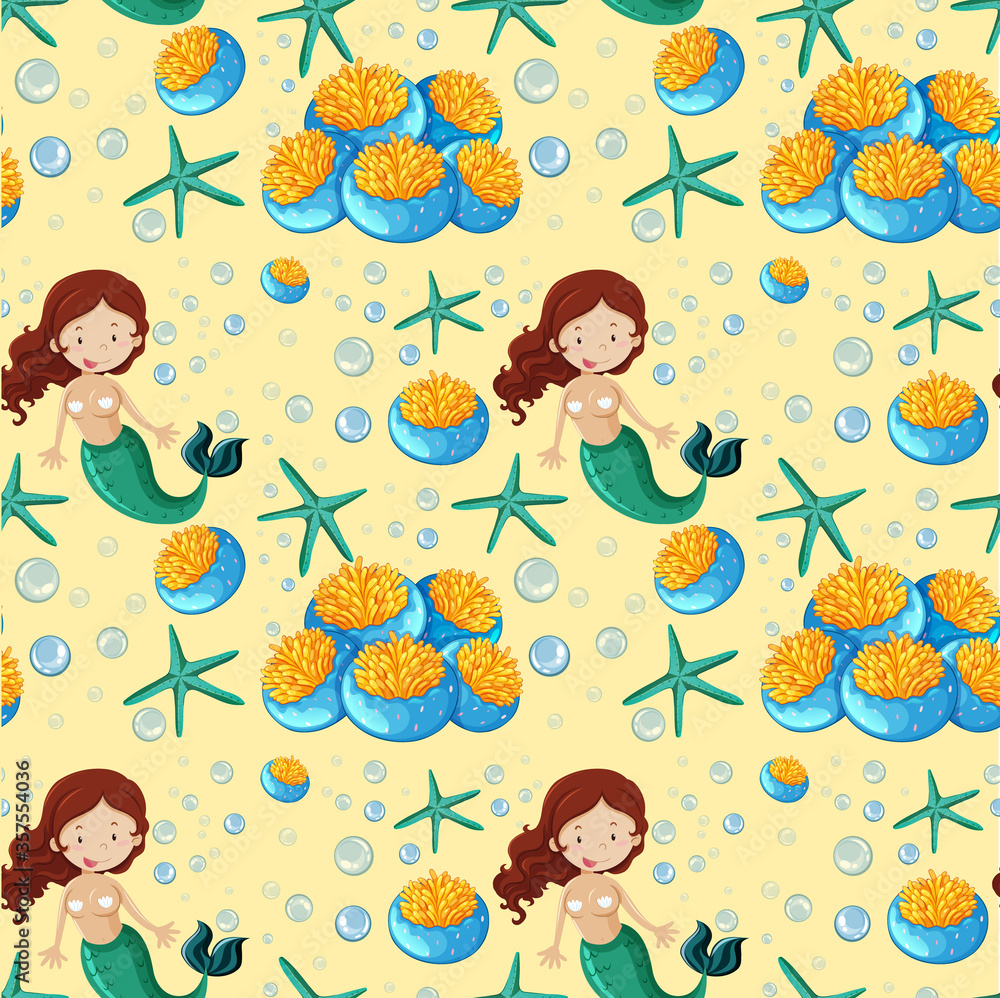 Seamless mermaid and sea animal cartoon style on yellow background