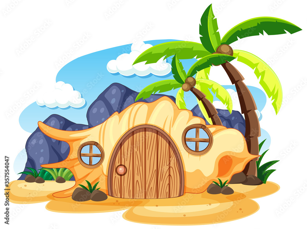 Shell fairy tale house on the beach cartoon style on white background