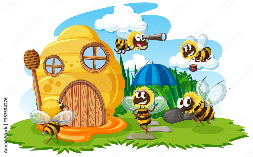 Honeycomb house with cute bees cartoon style on white background