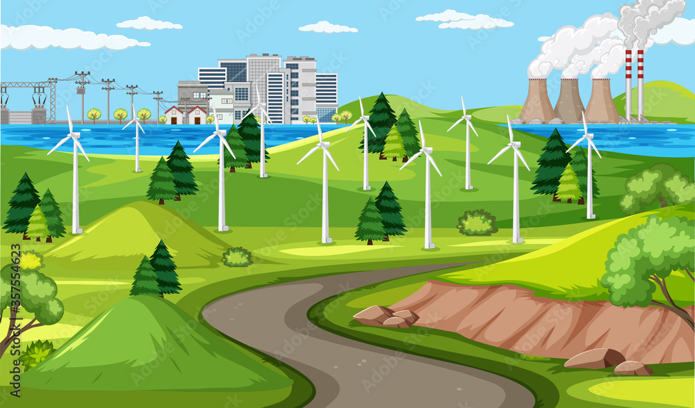 Wind turbine and long road scene