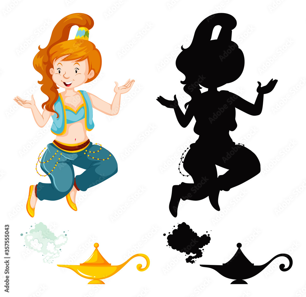 Genie girl magic lantern or aladdin lamp in color and silhouette isolated on white background