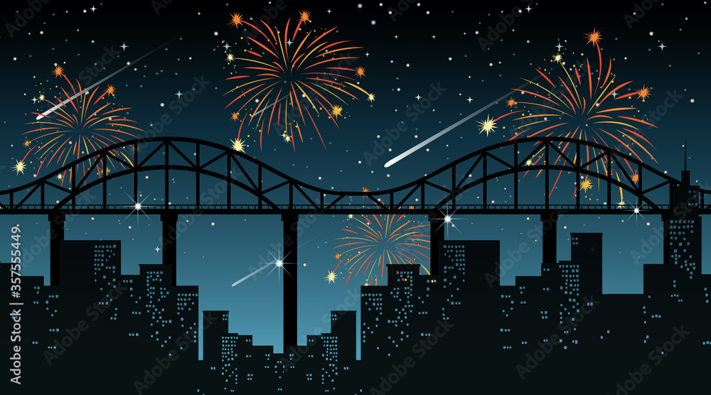 Cityscape with celebration fireworks scene