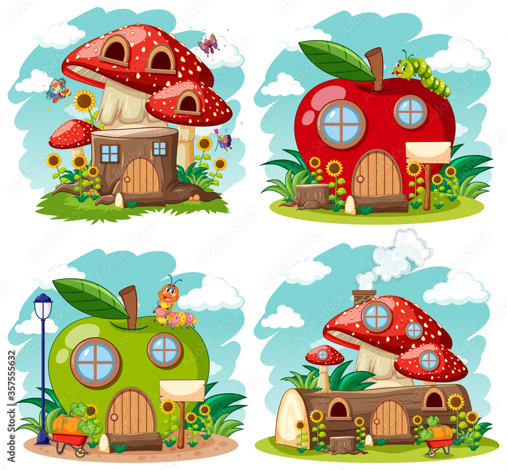 Set of isolated gnome fairy tale houses cartoon style on white background