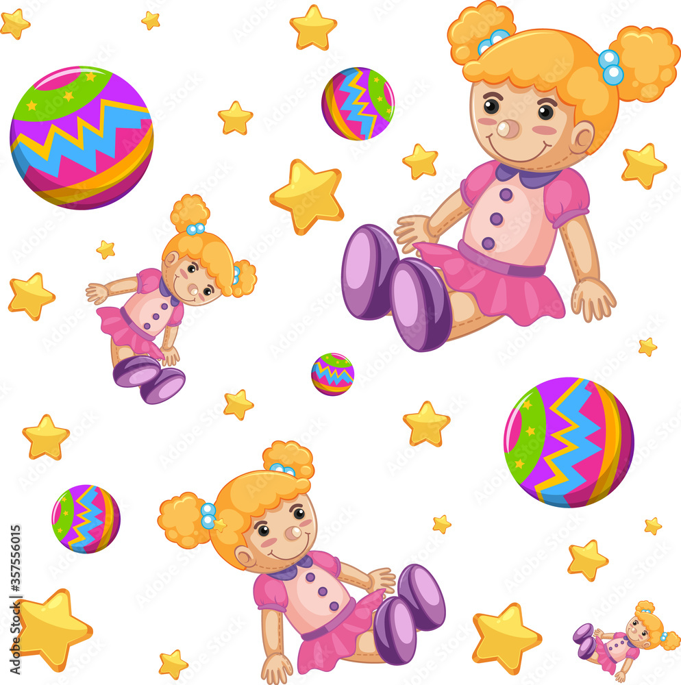 Seamless background design with cute dolls and balls