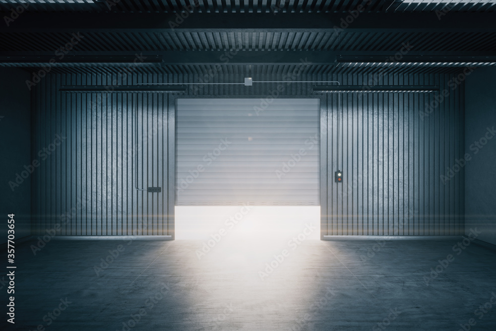 Modern garage room with open rolling gates