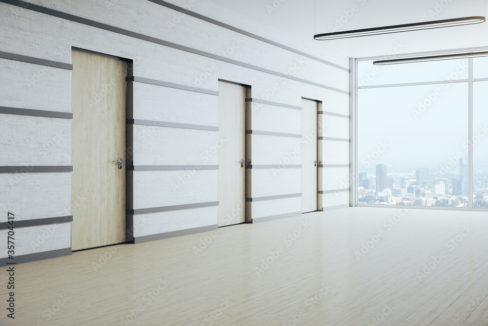 Minimalistic office corridor with panoramic city view