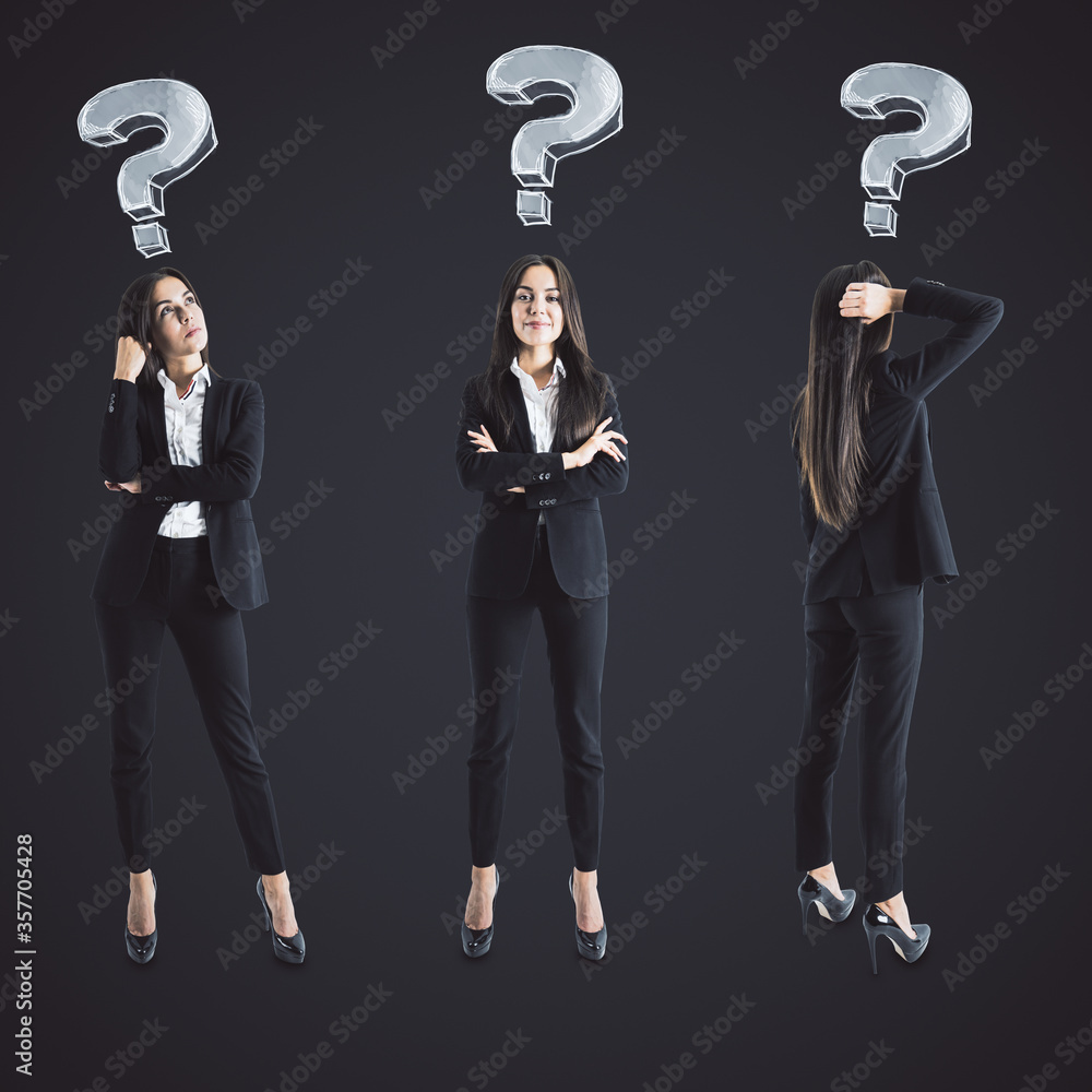 Three businesswomans with question marks