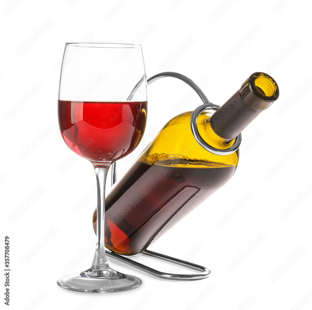 Holder with bottle and glass of wine on white background