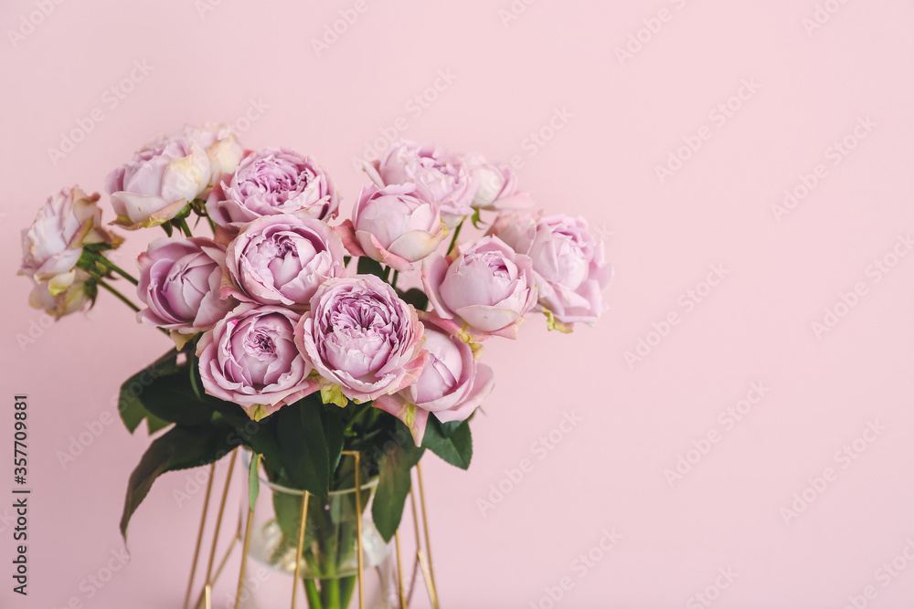 Vase with beautiful flowers on color background