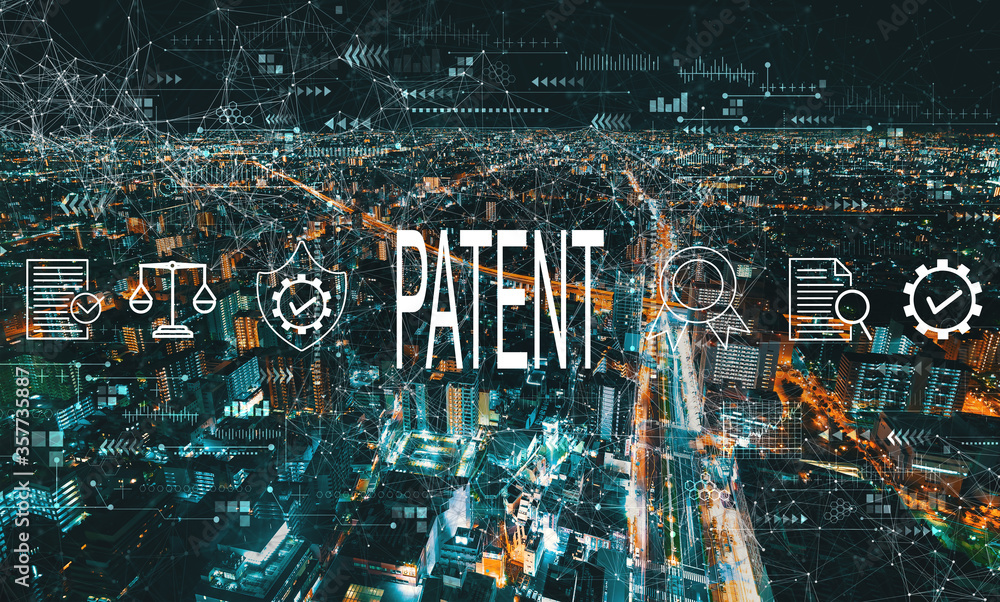 Patent concept with aerial cityscape view of Japan at night