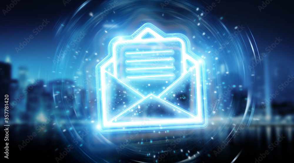 Digital email blue holographic interface 3D rendering