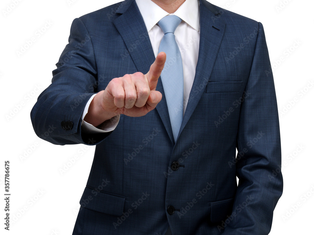 Businessman in suit touch at something isolated on white