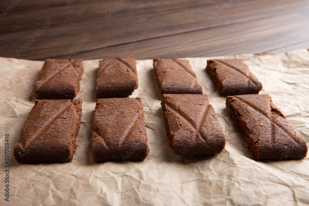 Chocolate cookies on wooden table.Homemade cookies closeup