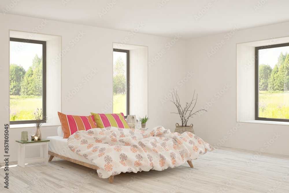 White bedroom interior. Scandinavian design. 3D illustration