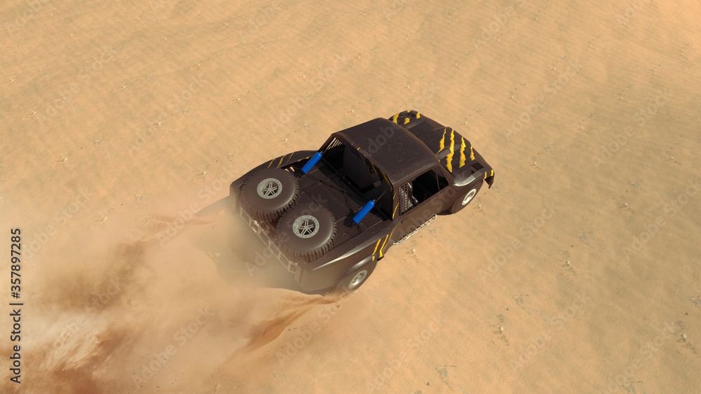 Trophy Truck in desert. Render 3d. Illustration.