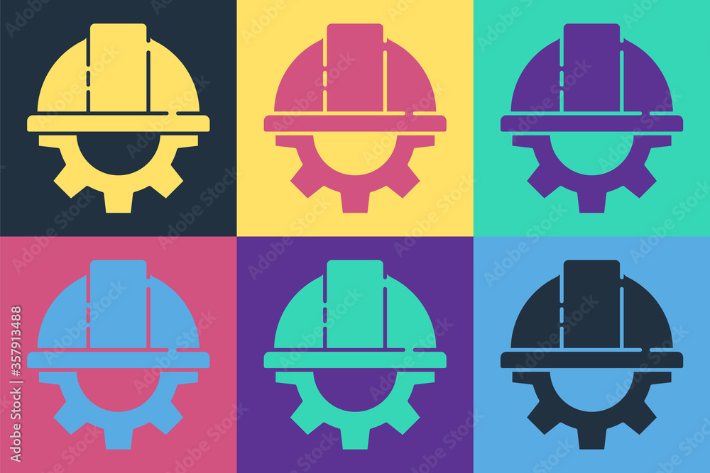 Pop art Worker safety helmet and gear icon isolated on color background. Vector Illustration