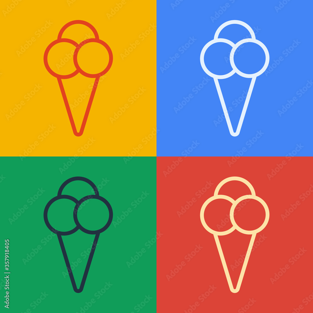 Pop art line Ice cream in waffle cone icon isolated on color background. Sweet symbol. Vector Illust