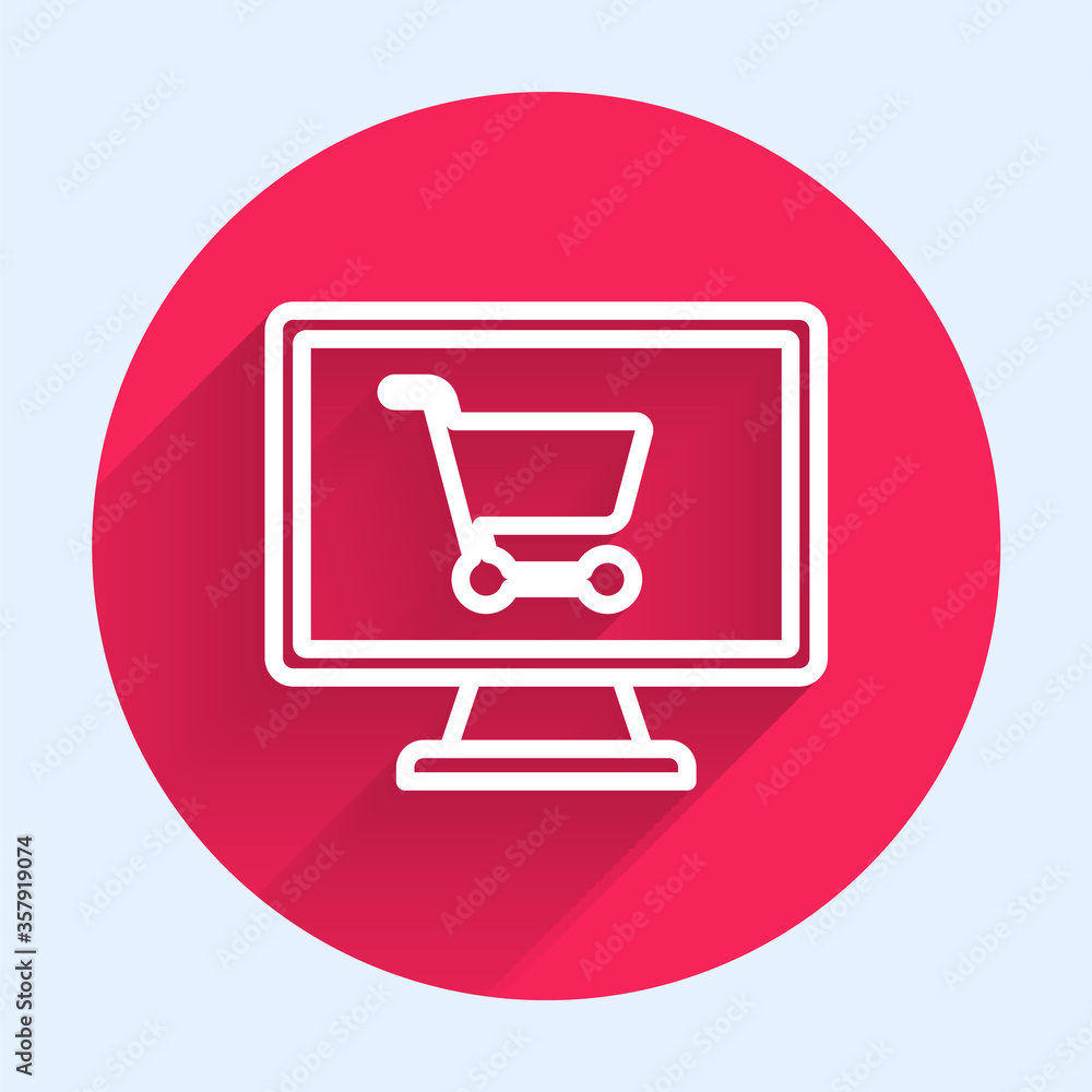 White line Shopping cart on screen computer icon isolated with long shadow. Concept e-commerce, e-bu