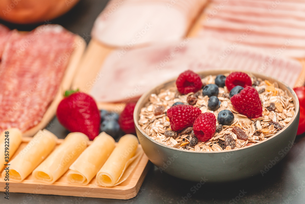 Breakfast served in the morning on the table with Croissant bread, Croissant cereal, Bacon, ham, che