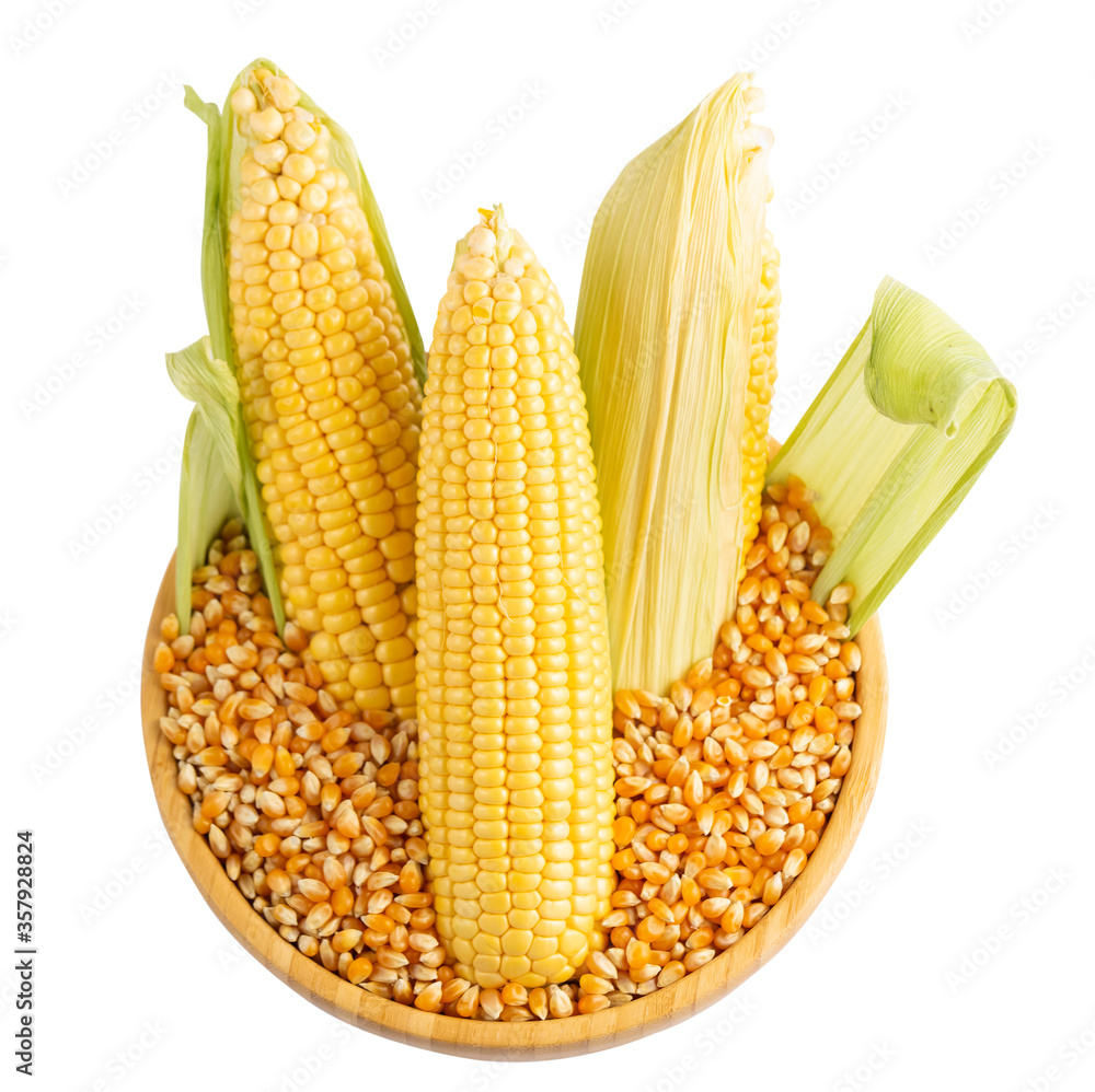 Fresh Corn with leaves and Corn kernels isolated on white background, save with clipping path