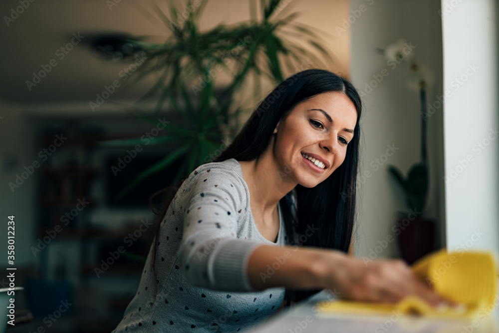 Portrait of a beautiful woman wiping dust at home.