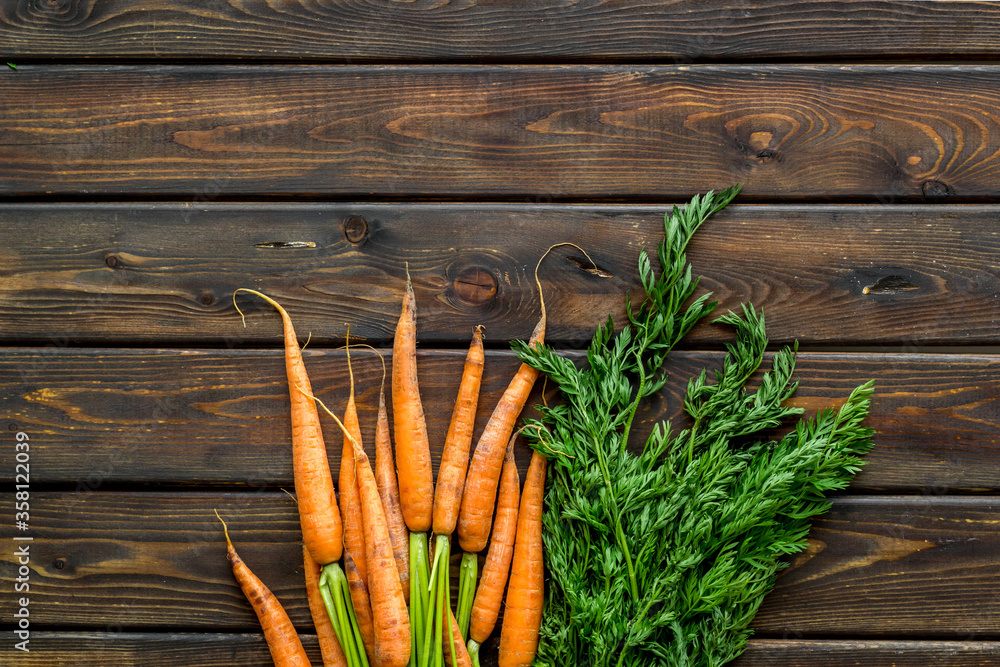 Bunch of fresh carrots with green tops form above copy space