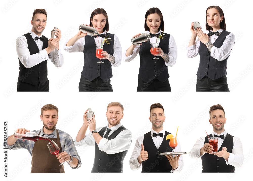 Female and male bartenders on white background