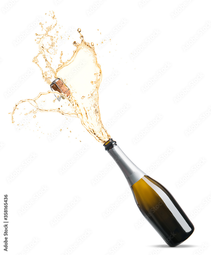 Open bottle of champagne with splash on white background