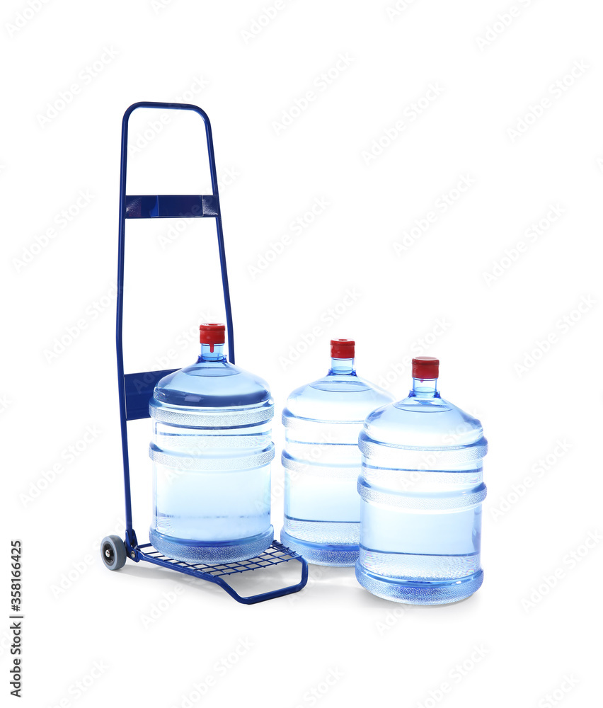 Cart with bottles of fresh water on white background