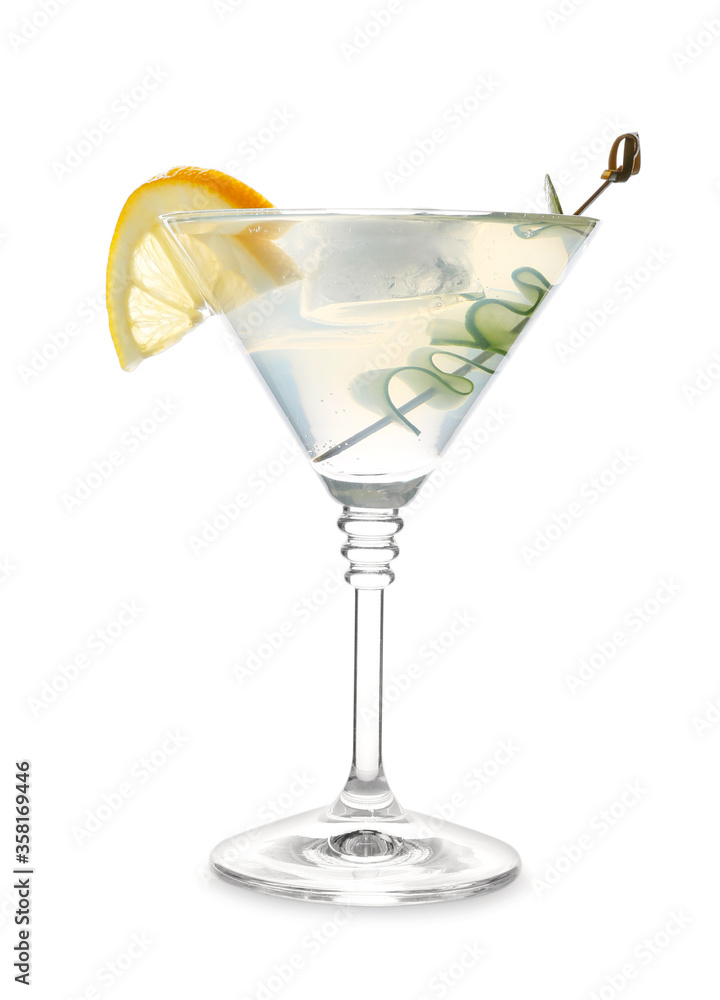 Glass of tasty cucumber martini on white background