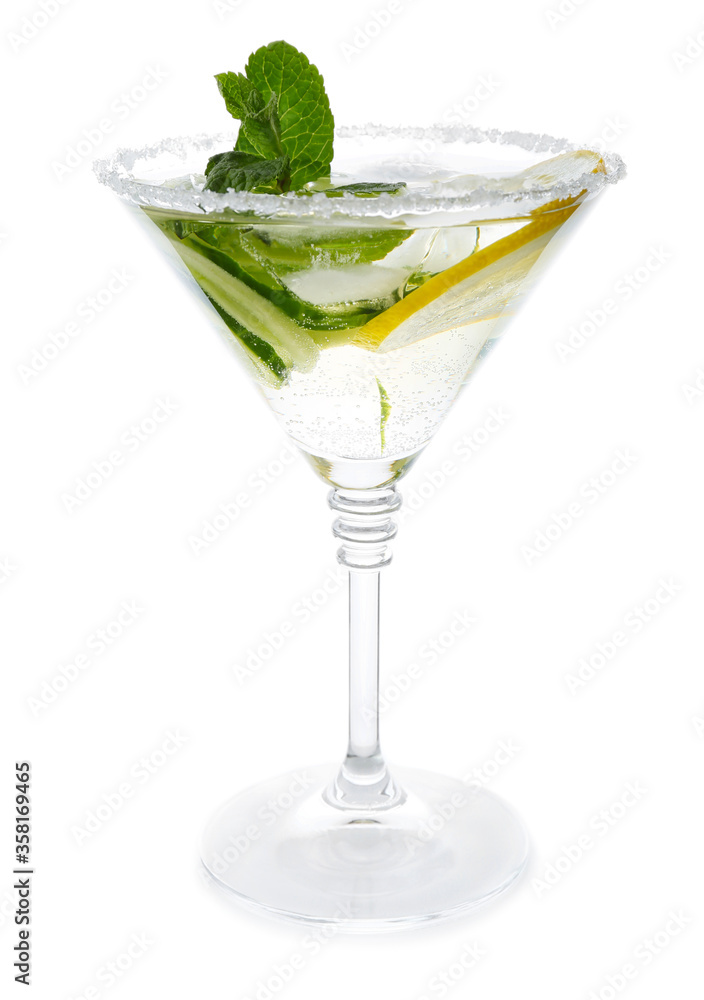 Glass of tasty cucumber martini on white background