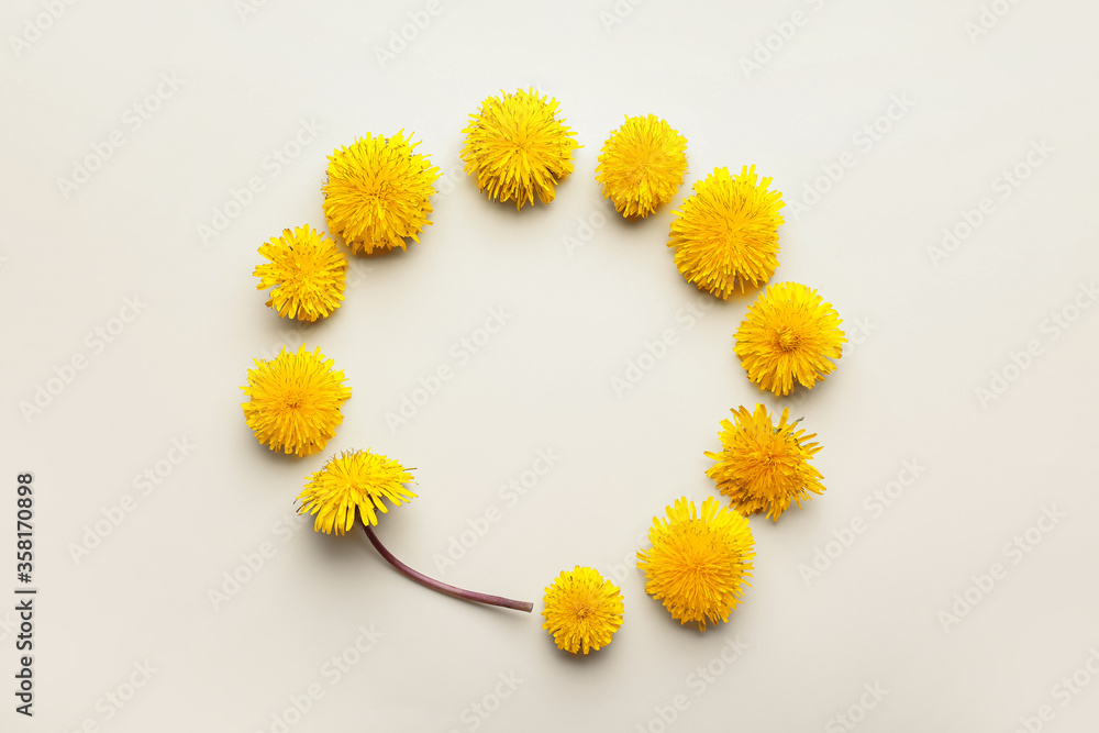 Frame made of beautiful dandelions on white background