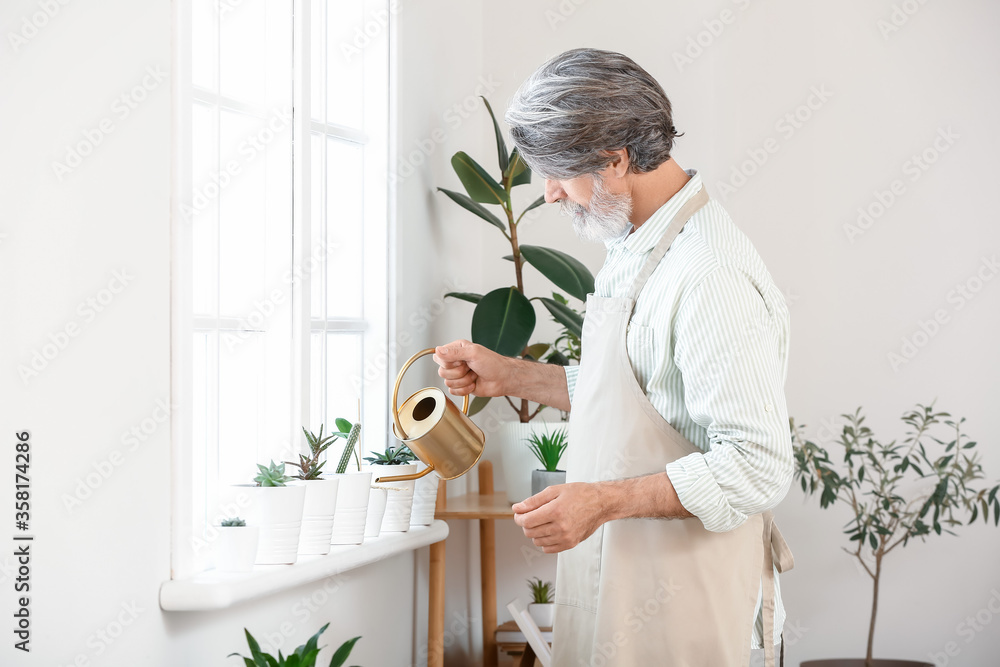 Senior man watering plants at home