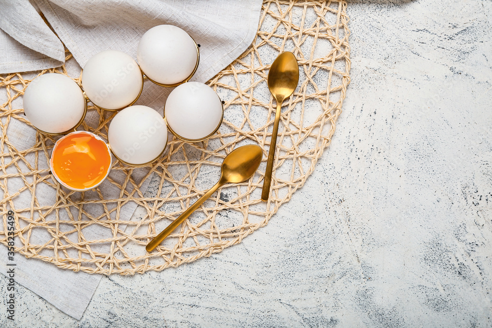 Fresh chicken eggs on table