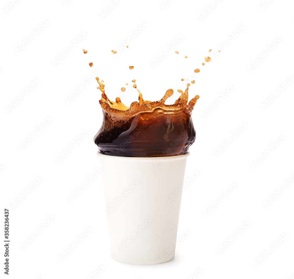 Cup of hot coffee with splash on white background