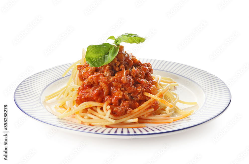 Plate with tasty pasta bolognese on white background