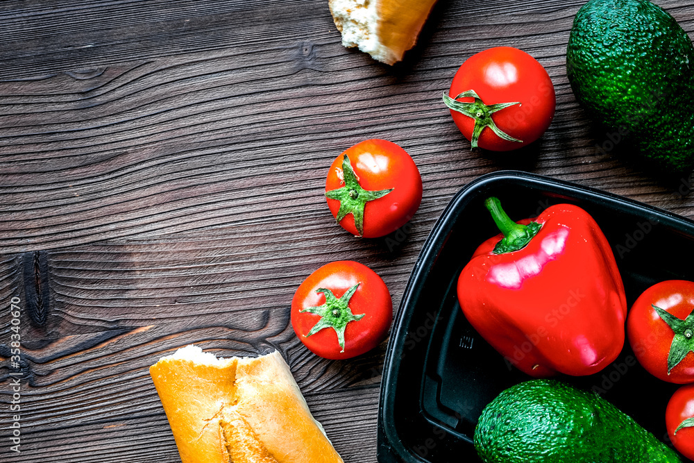 food set with vegetables and bread on table background top view mock-up