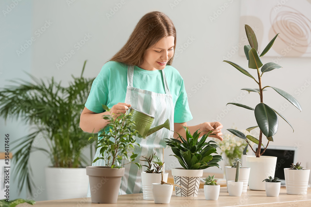 年轻女子在家浇花