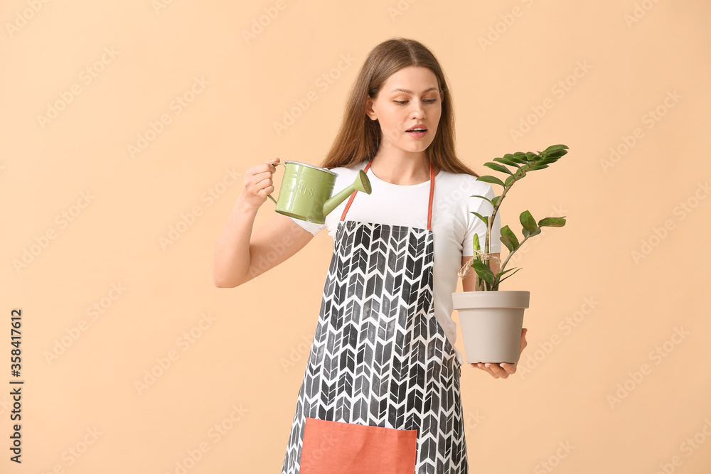 Young woman with watering can and houseplant on color background