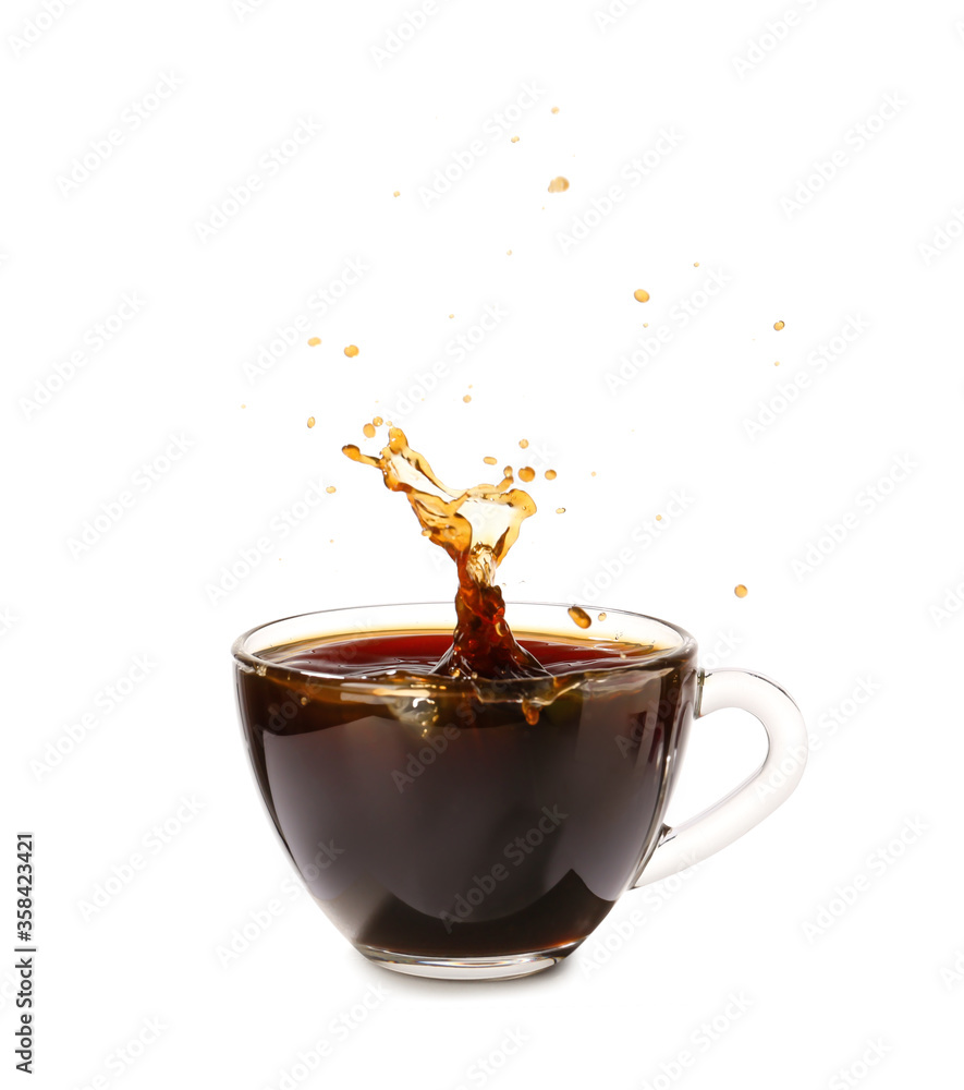 Cup of hot coffee with splash on white background