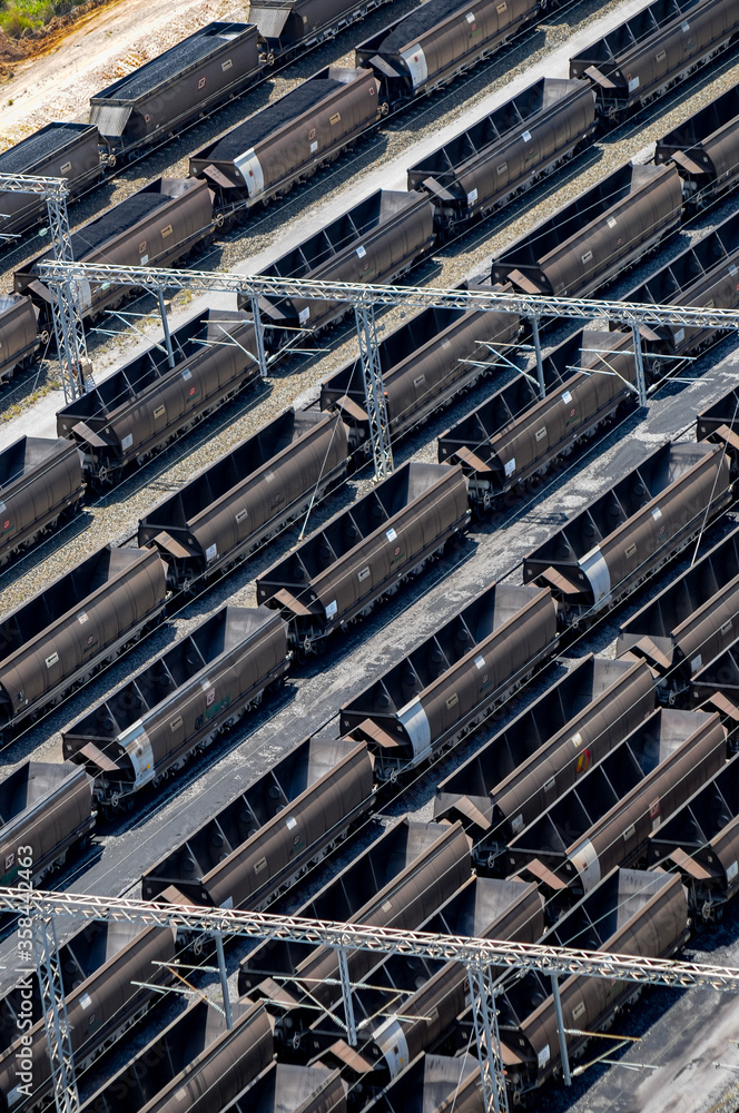 Rows of coal carrier train wagons in Callemondah, Gladstone, Queensland