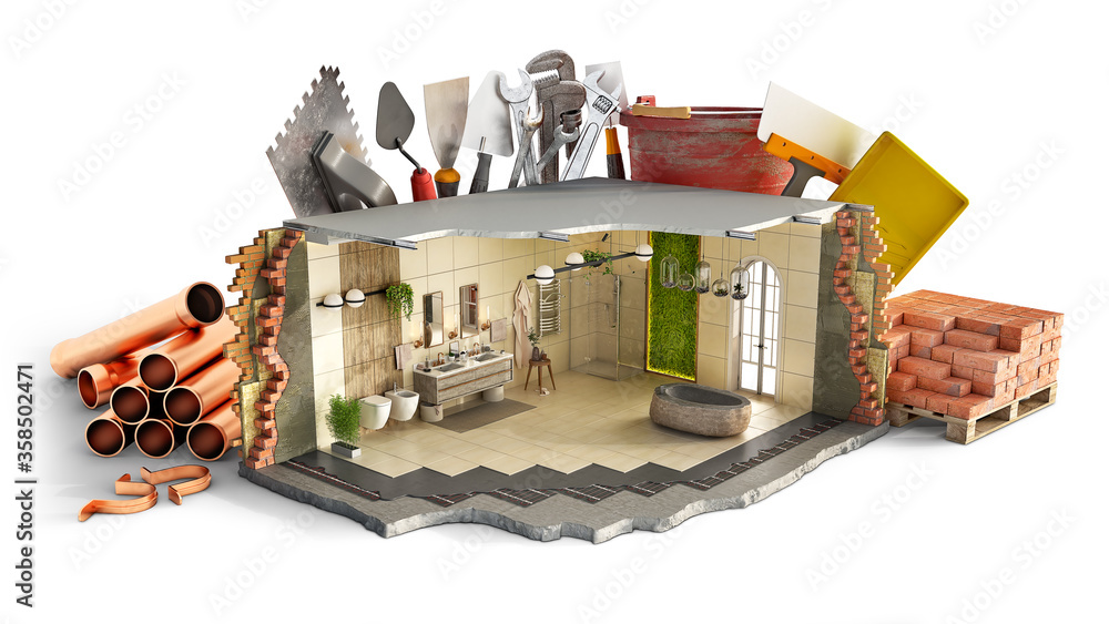 Part bathroom interior in front of tools, building equipment and copper pipes, 3d illustration