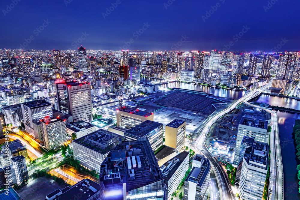 光が眩しい、東京の水辺に立ち並ぶ高層ビル群の夜景