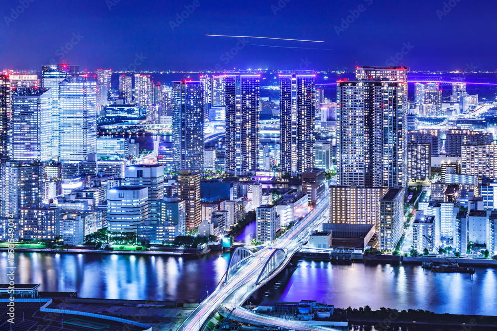 光が眩しい、東京の水辺に立ち並ぶ高層ビル群の夜景