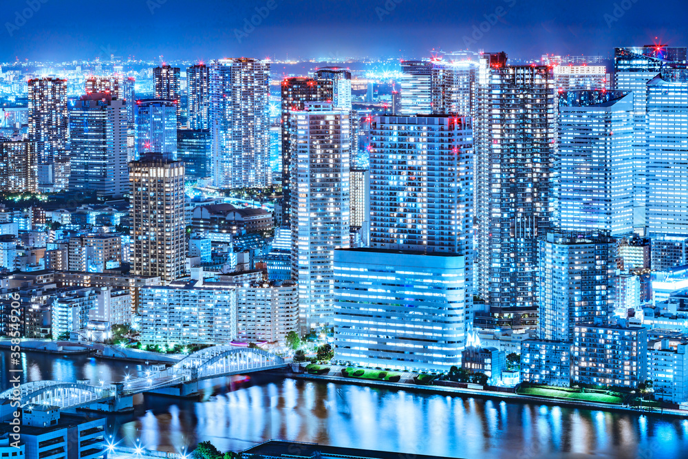 光が眩しい、東京の水辺に立ち並ぶ高層ビル群の夜景