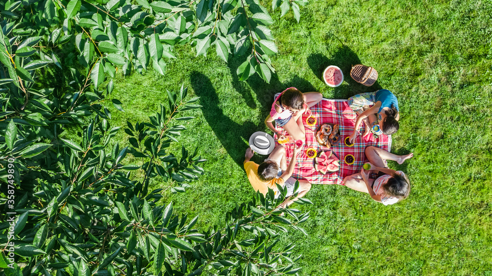 Happy family with children having picnic in park, parents with kids sitting on garden grass and eati