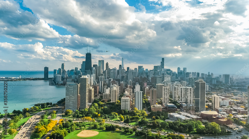 Chicago skyline aerial drone view from above, lake Michigan and city of Chicago downtown skyscrapers