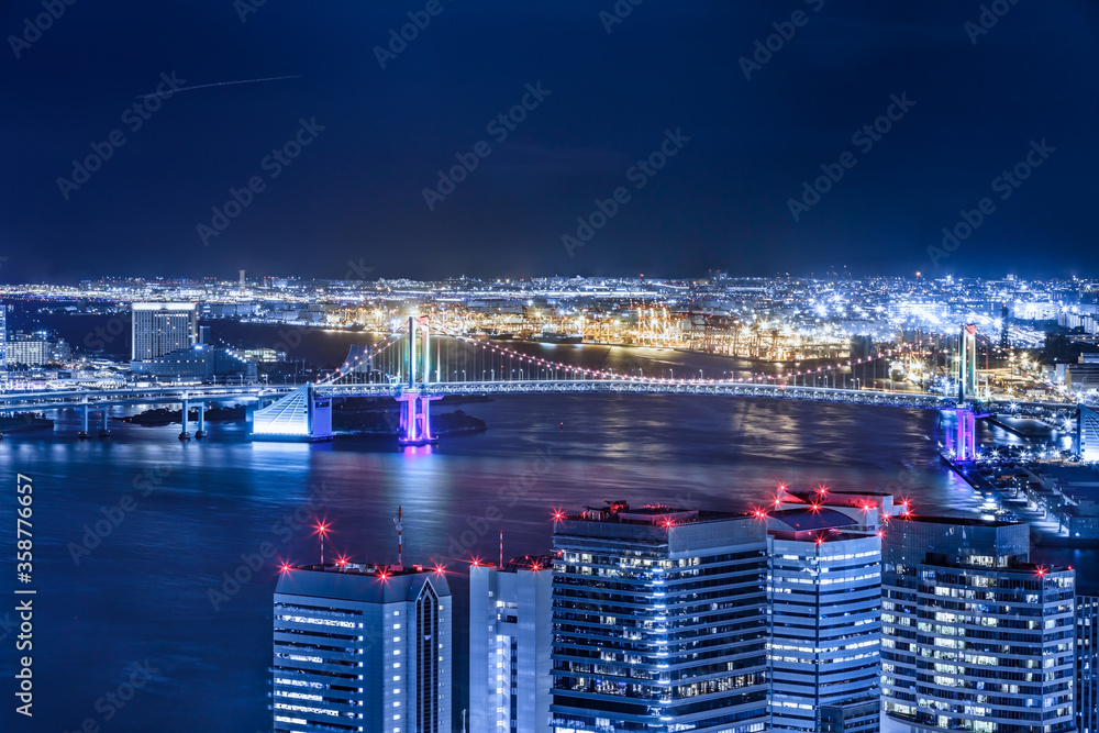 光が眩しい、東京の水辺に立ち並ぶ高層ビル群の夜景