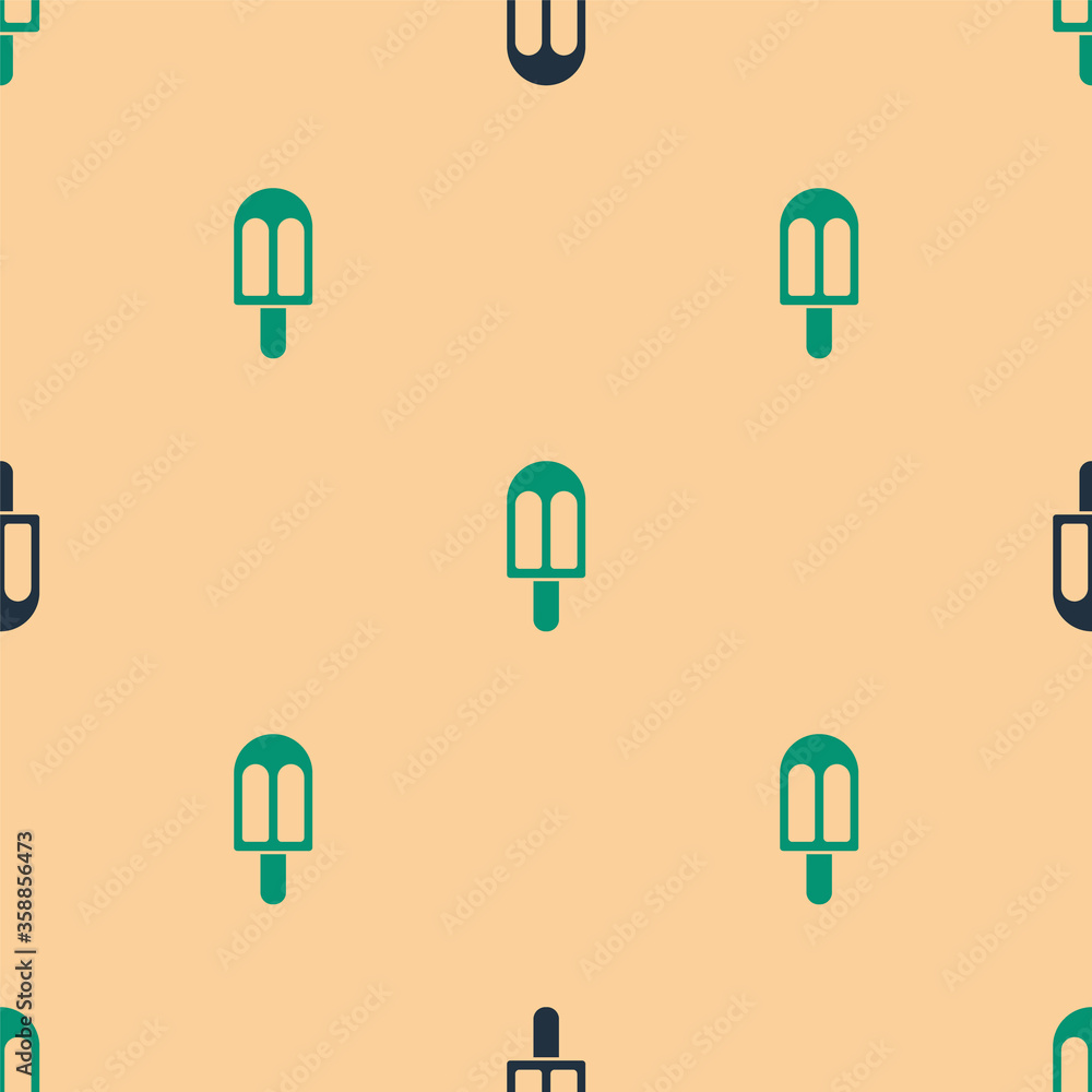 Green and black Ice cream icon isolated seamless pattern on beige background. Sweet symbol.  Vector 